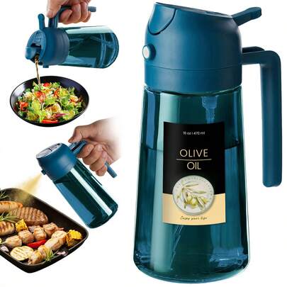 1 pièce Bouteille vaporisatrice d'huile en verre bleu 470ml/16oz 2-en-1 Vaporisation & Versement pour BBQ, Cuisson, Salade, Huile d'olive, Accessoire de Friteuse à air, Gadget de cuisine, Cadeau de fête [Inclut un nouveau pack d'autocollants exquis]
