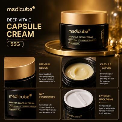 Medicube Deep Vita C Capsule Cream 55g Hydratant pour le visage coréen, Crème éclaircissante à la vitamine C avec 5% de niacinamide, Correcteur de taches brunes & Éclat radieux