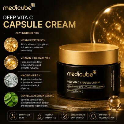Medicube Deep Vita C Capsule Cream 55g Hydratant pour le visage coréen, Crème éclaircissante à la vitamine C avec 5% de niacinamide, Correcteur de taches brunes & Éclat radieux