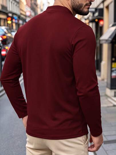 T-shirt pour hommes printemps/automne col mi-Top couleur unie décontracté mode sport quotidien trajet ample grande taille manches longues col en V