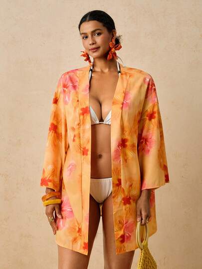 Travachic Cache-maillot ample pour femmes grandes tailles, imprimé poisson océan abricot, manches mi-longues, style kimono, chemise romantique pour le début du printemps, la plage et les sources thermales
