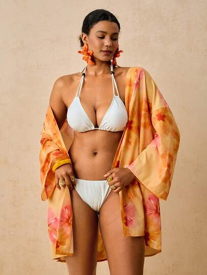 Travachic Cache-maillot ample pour femmes grandes tailles, imprimé poisson océan abricot, manches mi-longues, style kimono, chemise romantique pour le début du printemps, la plage et les sources thermales