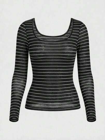 FLEXCHIC Ensemble 2 pièces T-shirt ajusté à manches longues transparentes et col dégagé, style Saint-Valentin, << Il est recommandé d'acheter une taille petite pour un ajustement parfait »