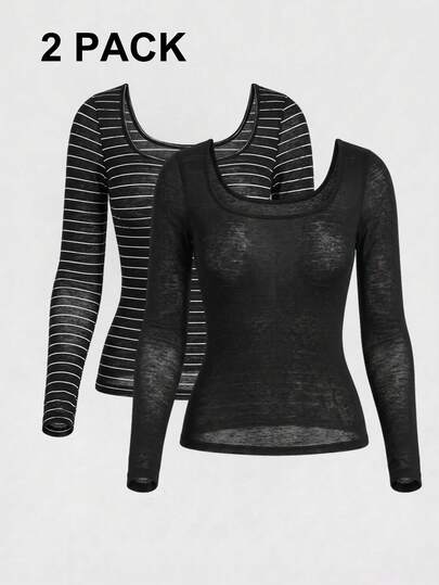 FLEXCHIC Ensemble 2 pièces T-shirt ajusté à manches longues transparentes et col dégagé, style Saint-Valentin, << Il est recommandé d'acheter une taille petite pour un ajustement parfait »
