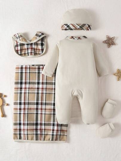 5 pièces Ensemble nouveau-né blanc minimaliste à la mode avec combinaison longue à manches longues, bavoir, couverture, bonnet, gants, tenue polyvalente pour la maison, meilleur cadeau pour les nouveau-nés