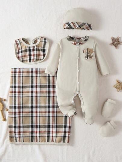 5 pièces Ensemble nouveau-né blanc minimaliste à la mode avec combinaison longue à manches longues, bavoir, couverture, bonnet, gants, tenue polyvalente pour la maison, meilleur cadeau pour les nouveau-nés