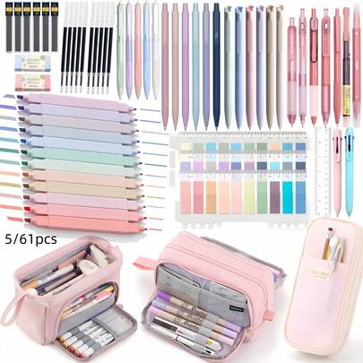 5/61 pièces Fournitures scolaires esthétiques avec trousse à crayons mignonne, surligneurs, stylos gel à encre noire, ensemble de crayons mécaniques 0,5 mm pour étudiants, fournitures de bureau et d'école, cadeaux pour femmes et hommes. Rentrée scolaire.