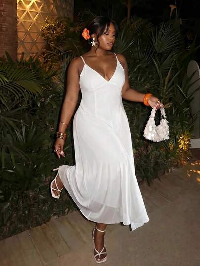 Firerie Robe grande taille pour femme, couleur unie, élégante et sexy, pour l'été, mariage, vacances, dîner, cocktail, cérémonie formelle, mère de la mariée, bretelles spaghetti, fête, tout blanc