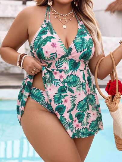 CURVE+ Robe de bain avec short de bain imprimé plante tropicale pour femmes grandes tailles