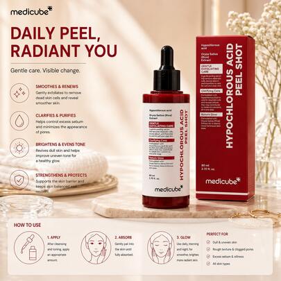 MEDICUBE Hypochlorous Acid Peel Shot 80ml Soin de la peau coréen, Sérum exfoliant doux pour le soin des pores, Sérum clarifiant pour le visage avec extrait de riz pour une peau lisse et éclatante