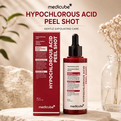 MEDICUBE Hypochlorous Acid Peel Shot 80ml Soin de la peau coréen, Sérum exfoliant doux pour le soin des pores, Sérum clarifiant pour le visage avec extrait de riz pour une peau lisse et éclatante