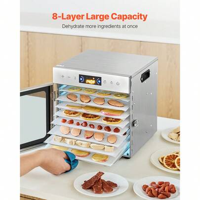 Déshydrateur alimentaire, 8 plateaux en acier inoxydable, séchoir électrique 400W avec température réglable et minuterie 24 heures, séchoir chauffant pour viande séchée, viande, fruits, légumes, herbes, friandises pour chiens