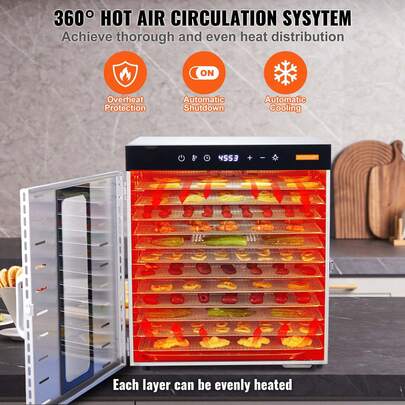 Déshydrateur alimentaire 10 plateaux en acier inoxydable 1000W pour séchage de fruits et viande séchée