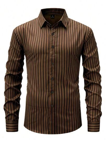 Calvornis Chemise à rayures marron pour hommes, boutonnage devant, manches longues, col, coupe régulière, en polyester, pour le travail et les déplacements, chemise à rayures, formelle, cérémonie