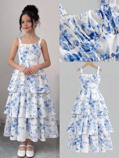 Firerie Kids Robe à bretelles fines avec fleurs bleues vintage élégantes pour préadolescentes, robe d'été décontractée convenant aux sorties, à la plage, aux vacances