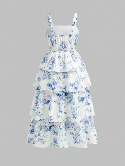 Firerie Kids Robe à bretelles fines avec fleurs bleues vintage élégantes pour préadolescentes, robe d'été décontractée convenant aux sorties, à la plage, aux vacances