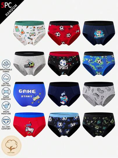 [5 pièces aléatoires] Caleçons triangle confortables et mode pour jeune garçon, imprimé console de jeu et football, couleurs aléatoires, automne