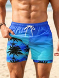 Short de plage pour hommes avec motif de cocotier au coucher du soleil et imprimé dégradé, short double couche pour hommes, pantalon de plage style vacances pour hommes