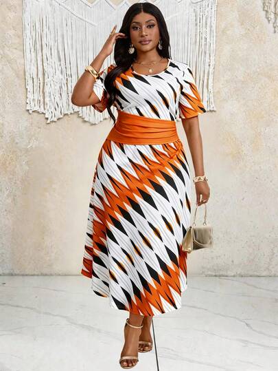 Villa Velisse Robe élégante pour femmes grandes tailles avec imprimé géométrique, col rond, manches courtes et taille froncée