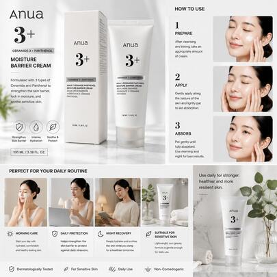 Anua 3 Ceramide Panthenol Moisture Barrier Cream 100ml, Hydratant Visage K-Beauty Coréen avec Céramide & Panthénol, Crème de Soin Barrière Cutanée Hydratante Profonde pour une Peau Lisse et Translucide