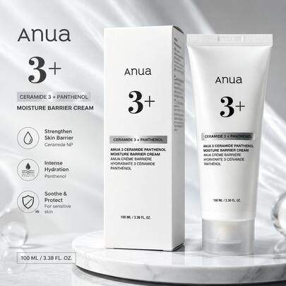 Anua 3 Ceramide Panthenol Moisture Barrier Cream 100ml, Hydratant Visage K-Beauty Coréen avec Céramide & Panthénol, Crème de Soin Barrière Cutanée Hydratante Profonde pour une Peau Lisse et Translucide