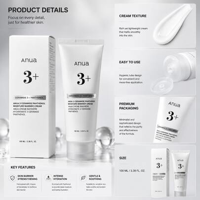 Anua 3 Ceramide Panthenol Moisture Barrier Cream 100ml, Hydratant Visage K-Beauty Coréen avec Céramide & Panthénol, Crème de Soin Barrière Cutanée Hydratante Profonde pour une Peau Lisse et Translucide