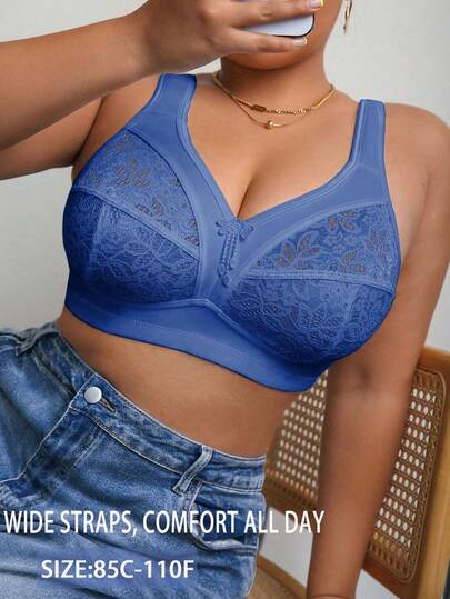 1 pièce Soutien-gorge décontracté confortable minimaliste grande taille pour femmes avec patchwork de dentelle, lingerie sans armature douce et confortable