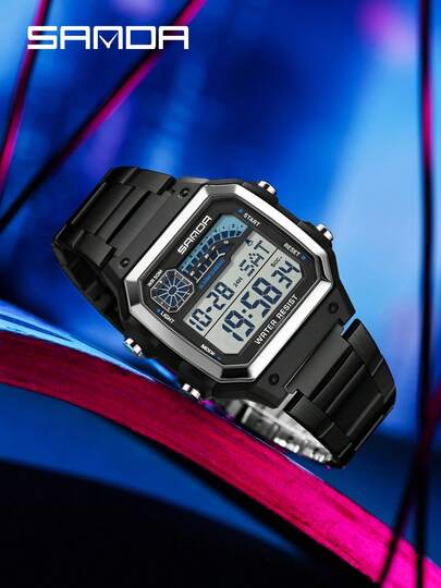 Montre-bracelet électronique de mode pour hommes SANDA 6196, cadran lumineux multifonction, calendrier, étanche, montre numérique de sport