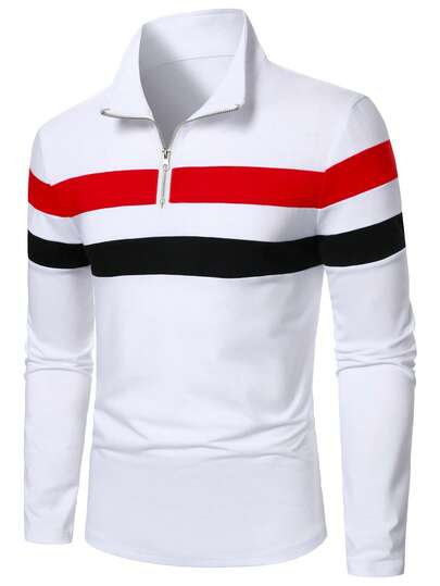 Manfinity Homme Chemise polo à manches longues avec fermeture éclair à demi-patte, rayures et patchwork pour hommes