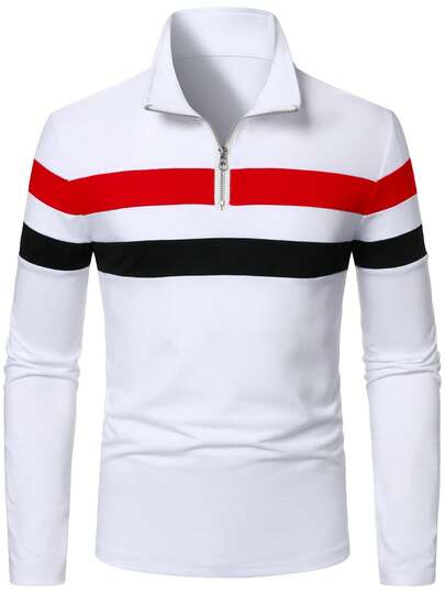 Manfinity Homme Chemise polo à manches longues avec fermeture éclair à demi-patte, rayures et patchwork pour hommes