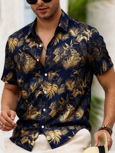 Genlund Chemise à manches courtes pour hommes, imprimé tropical, vacances d'été à la plage, vacances
