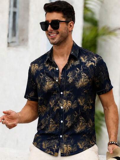 Genlund Chemise à manches courtes pour hommes, imprimé tropical, vacances d'été à la plage, vacances