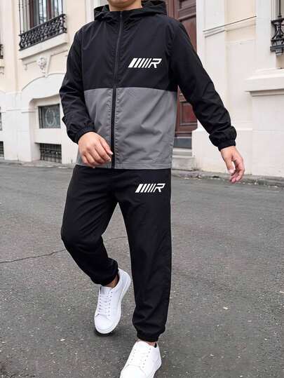 Ensemble 2 pièces pour garçon préadolescent, veste à capuche décontractée à motif sport blocs de couleurs et pantalon noir, convient pour l'automne/l'hiver, les réunions de famille, la rentrée scolaire, les sports, les jeux, les fêtes d'anniversaire, les