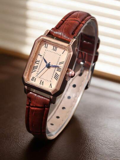2 pièces Ensemble de montres à quartz rétro pour femmes, montre à quartz carrée de luxe rétro pour femmes, avec un design de boîtier carré vintage avec des chiffres romains classiques, boîtier ton or rose dégageant une qualité raffinée. Le bracelet doux e