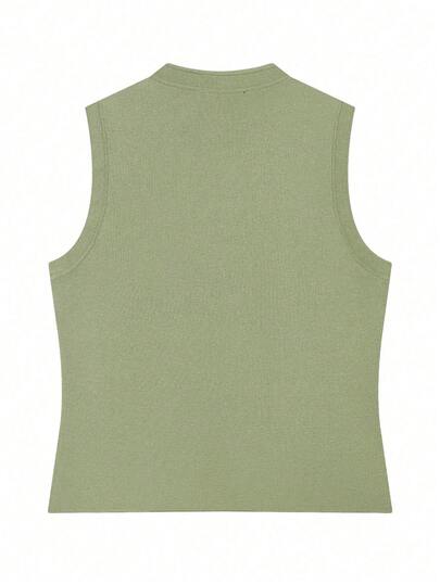 Gilet tricoté style militaire vintage pour femmes, design avec fermeture éclair et boutons devant, top sans manches