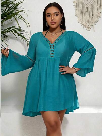 Swim Lushoire Robe d'été décontractée de grande taille, couleur unie, avec insertion de dentelle
