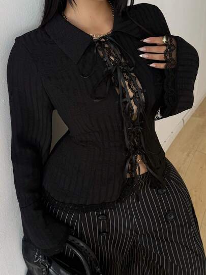 POPSWAY Cardigan ajusté pour femmes grande taille, style européen & américain, printemps/automne, sexy, en tissu tissé texturé à rayures avec bordure en dentelle et lacets croisés, cardigan noir à taille cintrée avec dentelle contrastante, top design uniq