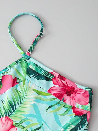 Robe maxi à col ras-du-cou avec découpes pour adolescentes, motif floral tropical sur base bleue (col ras-du-cou + découpe à la taille + jupe évasée). Tissu doux, convient pour le printemps/l'été/l'automne. Éléments de style de villégiature frais et silho