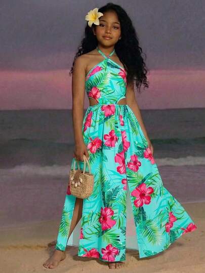 Robe maxi à col ras-du-cou avec découpes pour adolescentes, motif floral tropical sur base bleue (col ras-du-cou + découpe à la taille + jupe évasée). Tissu doux, convient pour le printemps/l'été/l'automne. Éléments de style de villégiature frais et silho