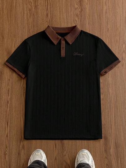 SWAVVY Chemise polo à manches courtes pour hommes avec patchwork blocs de couleurs et broderie de lettres