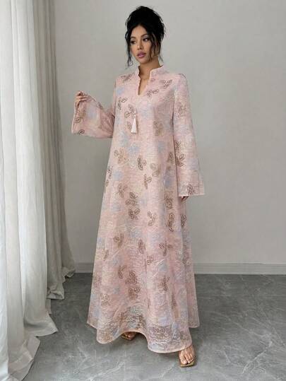 Najma Robe longue d'été pour femmes en tissu maille dorée artisanale avec franges