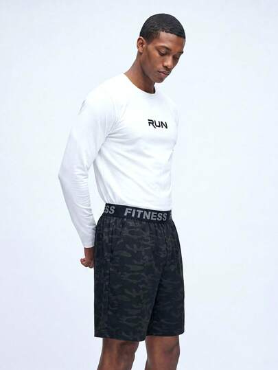 Nelvento Soul Short de basket imprimé camouflage pour hommes, short de gym style boyfriend avec lettres brodées et cordon de serrage, poches, short de sport décontracté léger noir