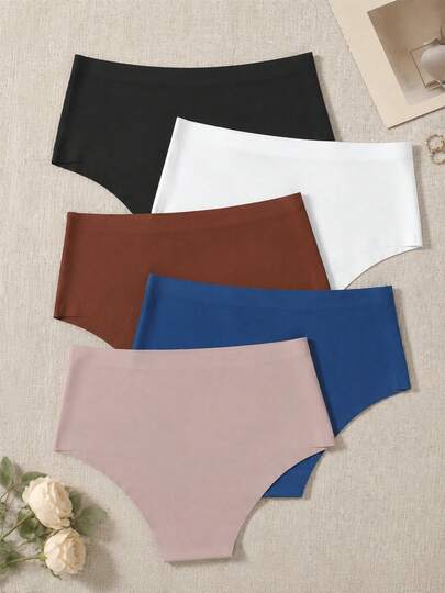 5 pièces Culottes basiques sans couture taille haute pour femmes, style brésilien à haute élasticité