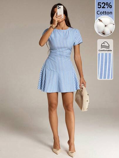Tall Robe de soirée mini élégante à rayures bleues et blanches, col rond, taille cintrée, manches courtes, style décontracté d'été, chic et modeste, pour femmes grandes