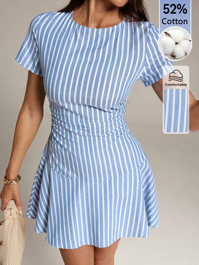 Tall Robe de soirée mini élégante à rayures bleues et blanches, col rond, taille cintrée, manches courtes, style décontracté d'été, chic et modeste, pour femmes grandes