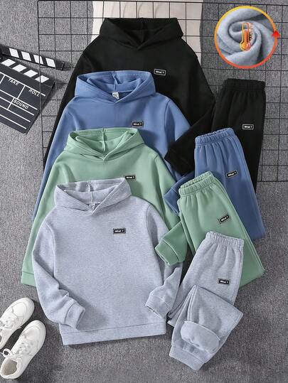 4 ensembles pour enfants et préadolescents garçons, tenue décontractée polyvalente et confortable pour le quotidien, Sweat-shirt-shirt à capuche imprimé ample et pantalon de jogging, ensemble deux pièces en maille, Sweat-shirt-shirt épais doublé thermique