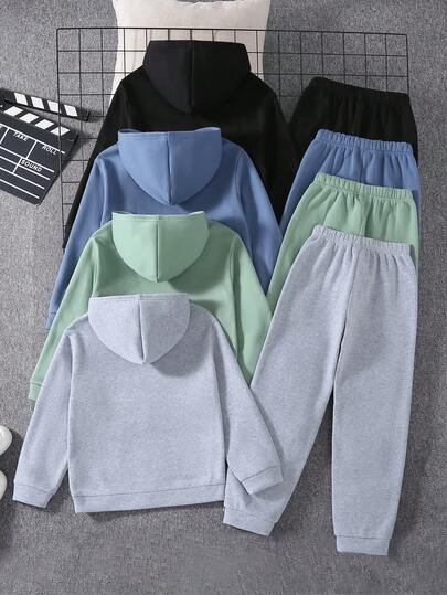 4 ensembles pour enfants et préadolescents garçons, tenue décontractée polyvalente et confortable pour le quotidien, Sweat-shirt-shirt à capuche imprimé ample et pantalon de jogging, ensemble deux pièces en maille, Sweat-shirt-shirt épais doublé thermique