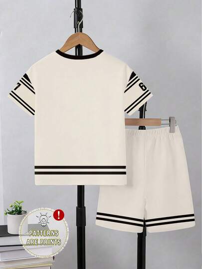 Explorewe 2 pièces/Ensemble T-shirt à manches courtes et short pour jeunes garçons, style décontracté et élégant, imprimé numérique 67 rayé noir & beige avec lettres, confortable pour le port quotidien en été