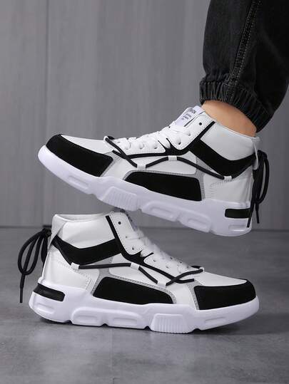 Baskets de sport décontractées montantes plates pour hommes, motif lettres blocs de couleurs noir & blanc, double bride, polyvalentes pour le quotidien, les trajets et l'extérieur, chaussures de sport à 2 façons de porter