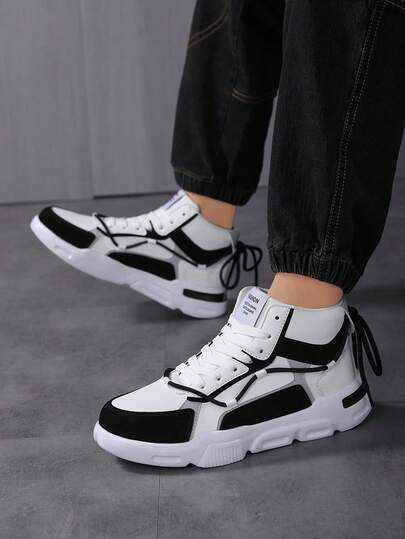 Baskets de sport décontractées montantes plates pour hommes, motif lettres blocs de couleurs noir & blanc, double bride, polyvalentes pour le quotidien, les trajets et l'extérieur, chaussures de sport à 2 façons de porter